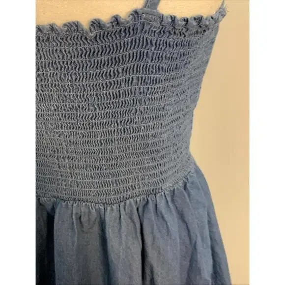 Japna Chambray Smocked Blue Sundress Midi Prairie Ruffle Hem Cottage Small Excel - Picture 9 of 13